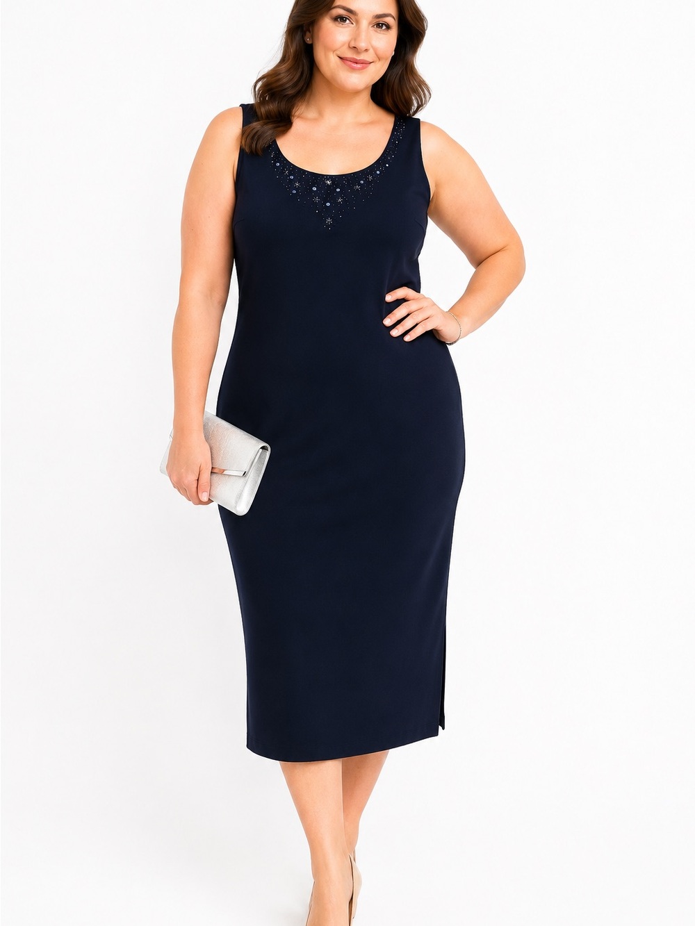 J.R. Nites Petites Navy Embellished Sleeveless Midi Dress 14P
